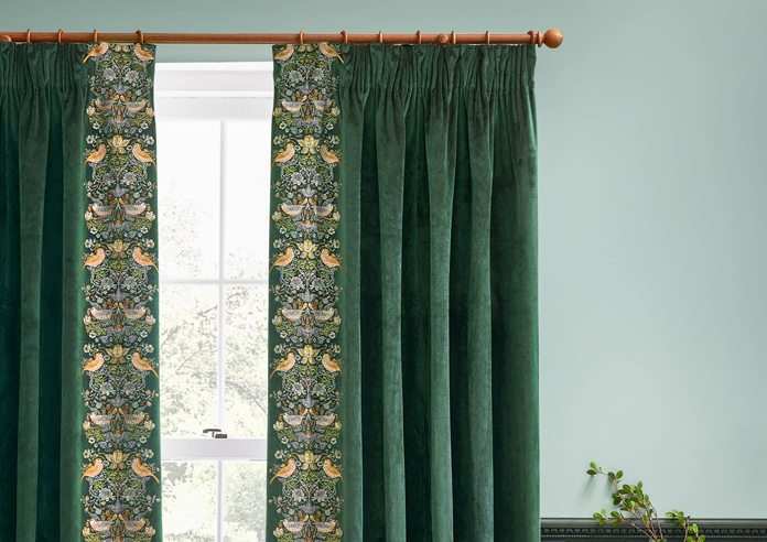 Strawberry Thief Embroidery Pencil Pleat, Forest Green - Ready Made Curtains - Image 9